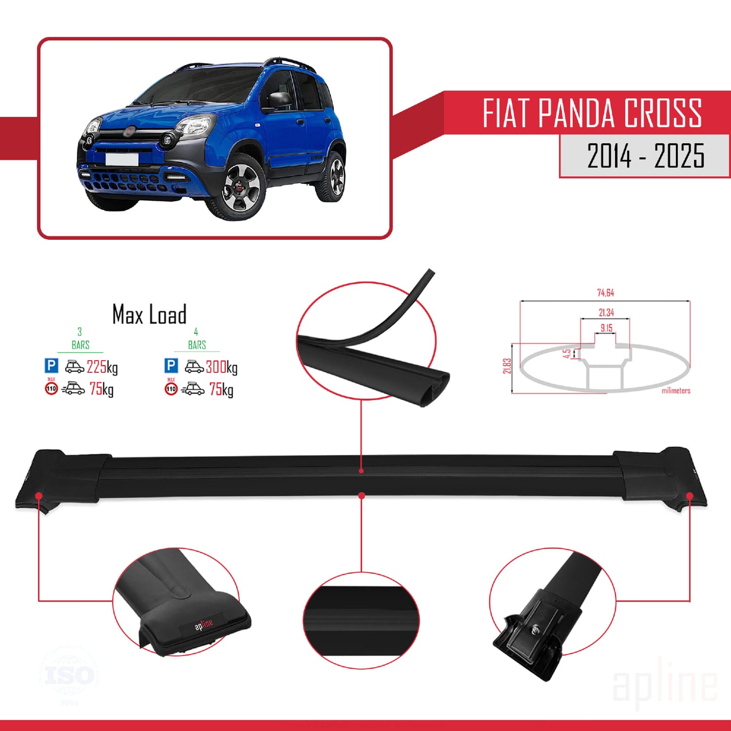 Compatibile con Fiat Panda Cross 2014-2025 Modello FLY Barre Portatutto Railing Portapacchi Auto Alluminio Nero 3 Barre