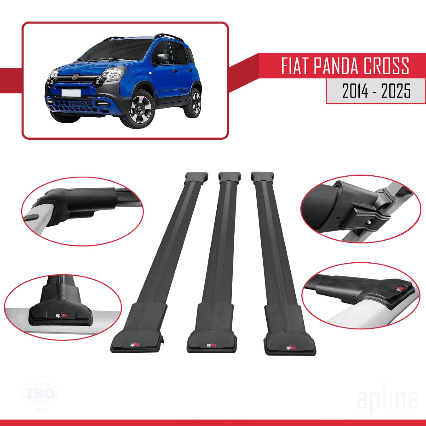 Compatibile con Fiat Panda Cross 2014-2025 Modello FLY Barre Portatutto Railing Portapacchi Auto Alluminio Nero 3 Barre