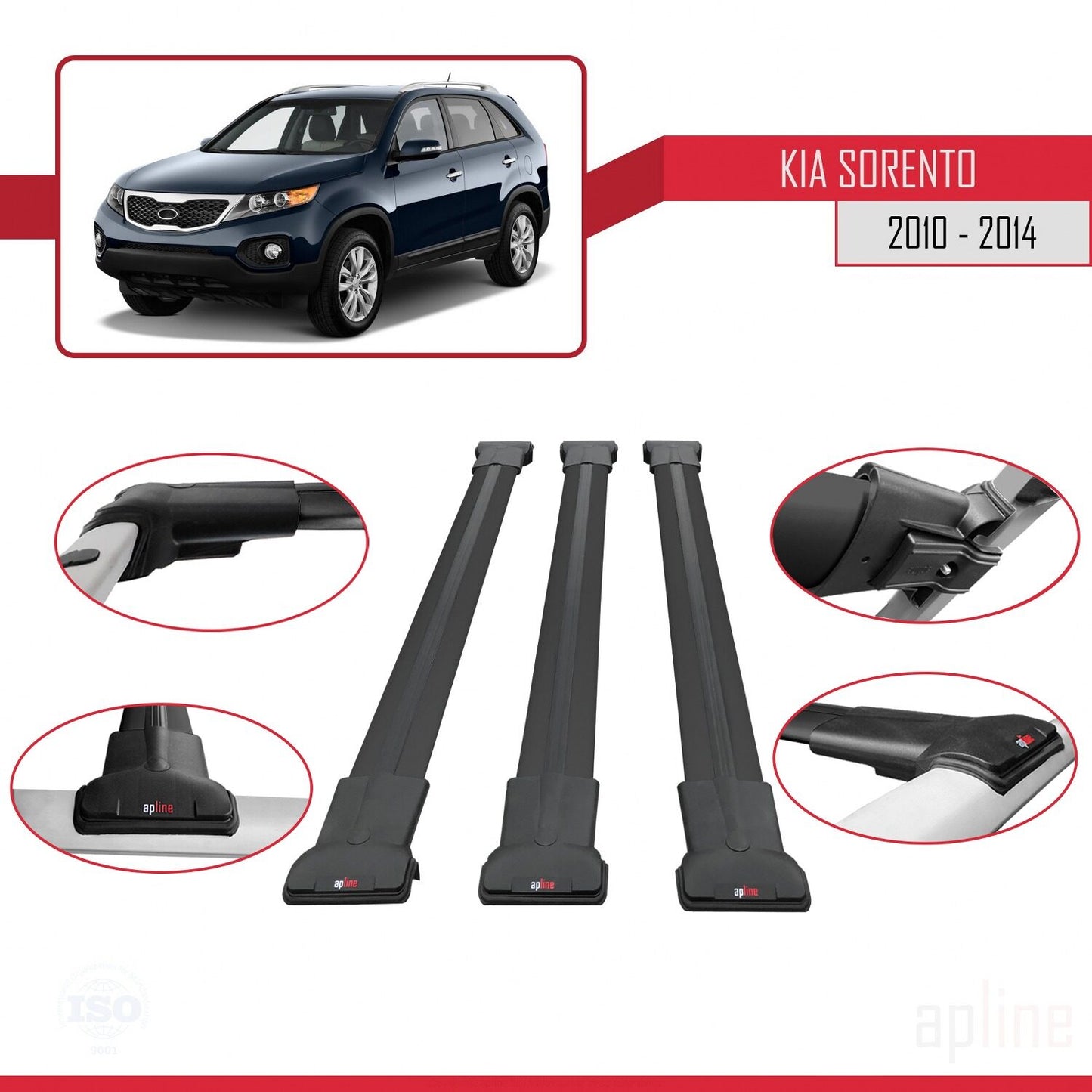 Compatible avec Kia Sorento 2 (XM) 2010-2014 FLY Model Barres de Toit Railing Porte-Bagages de Voiture Noir Aluminium 3 Barres