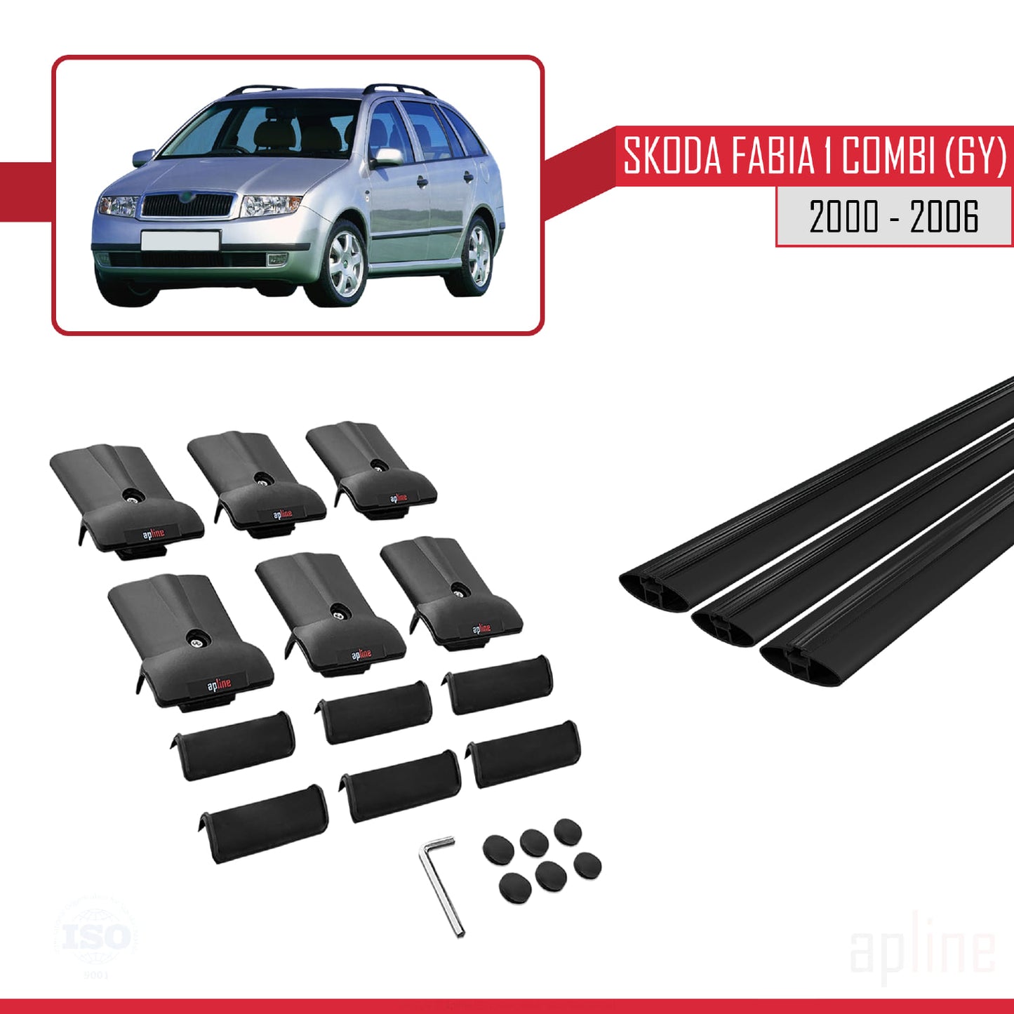 Compatible avec Skoda Fabia (6Y) Break 2000-2006 FLY Model Barres de Toit Railing Porte-Bagages de Voiture Noir Aluminium 3 Barres