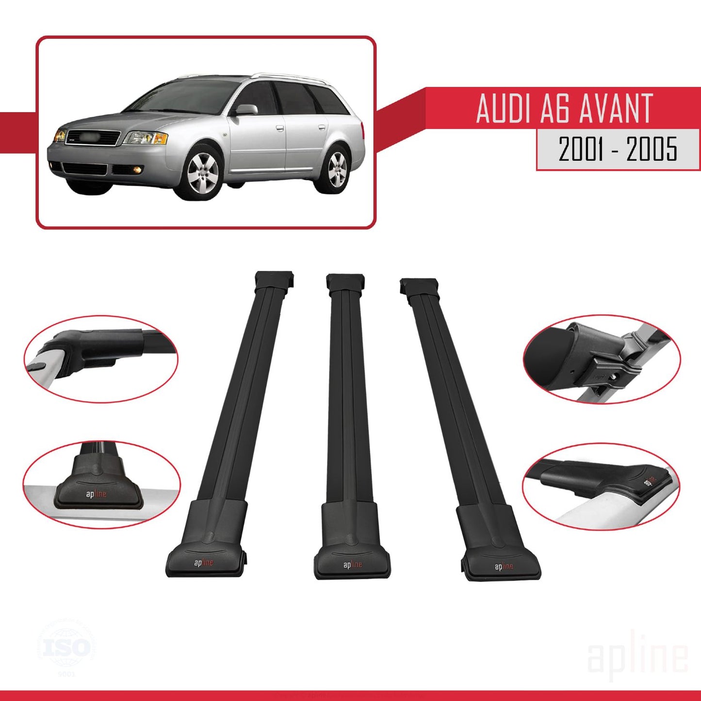 Compatible avec Audi A6 Avant 2001-2005 FLY Model Barres de Toit Railing Porte-Bagages de Voiture Noir Aluminium 3 Barres