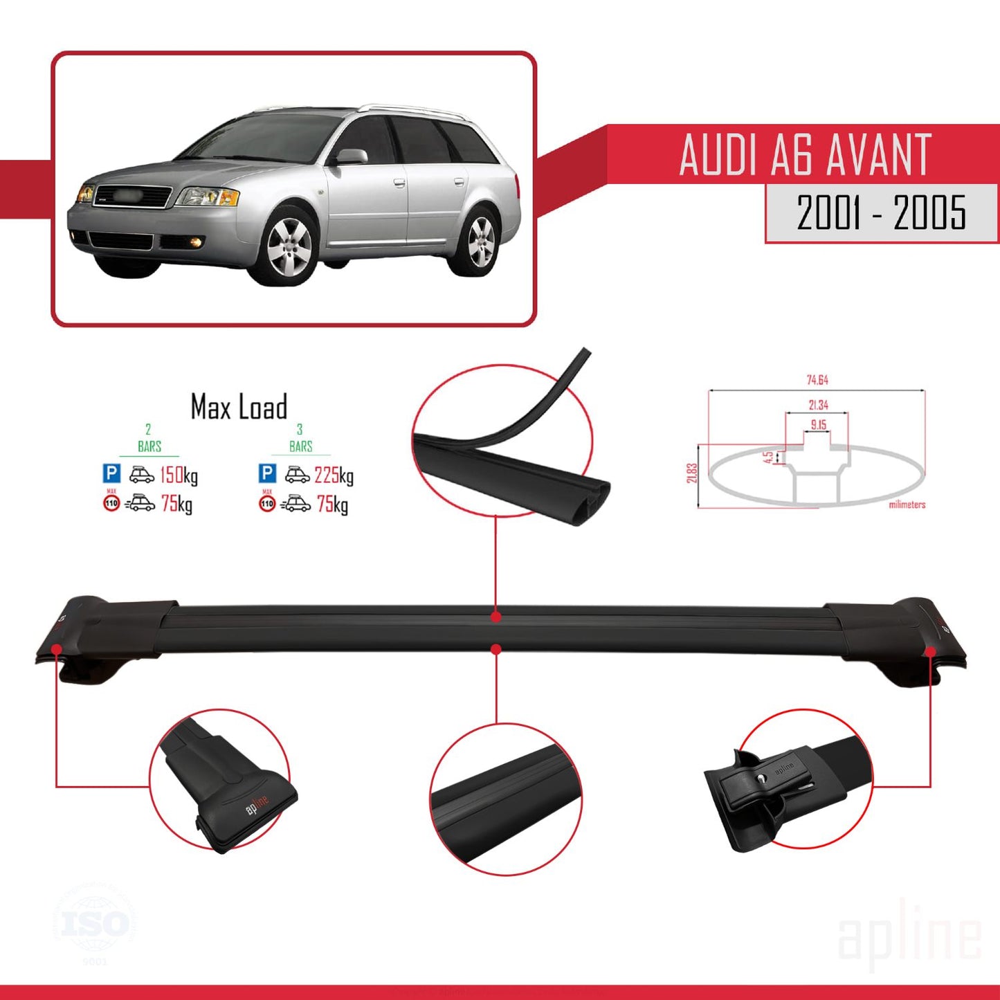 Compatible avec Audi A6 Avant 2001-2005 FLY Model Barres de Toit Railing Porte-Bagages de Voiture Noir Aluminium 2 Barres