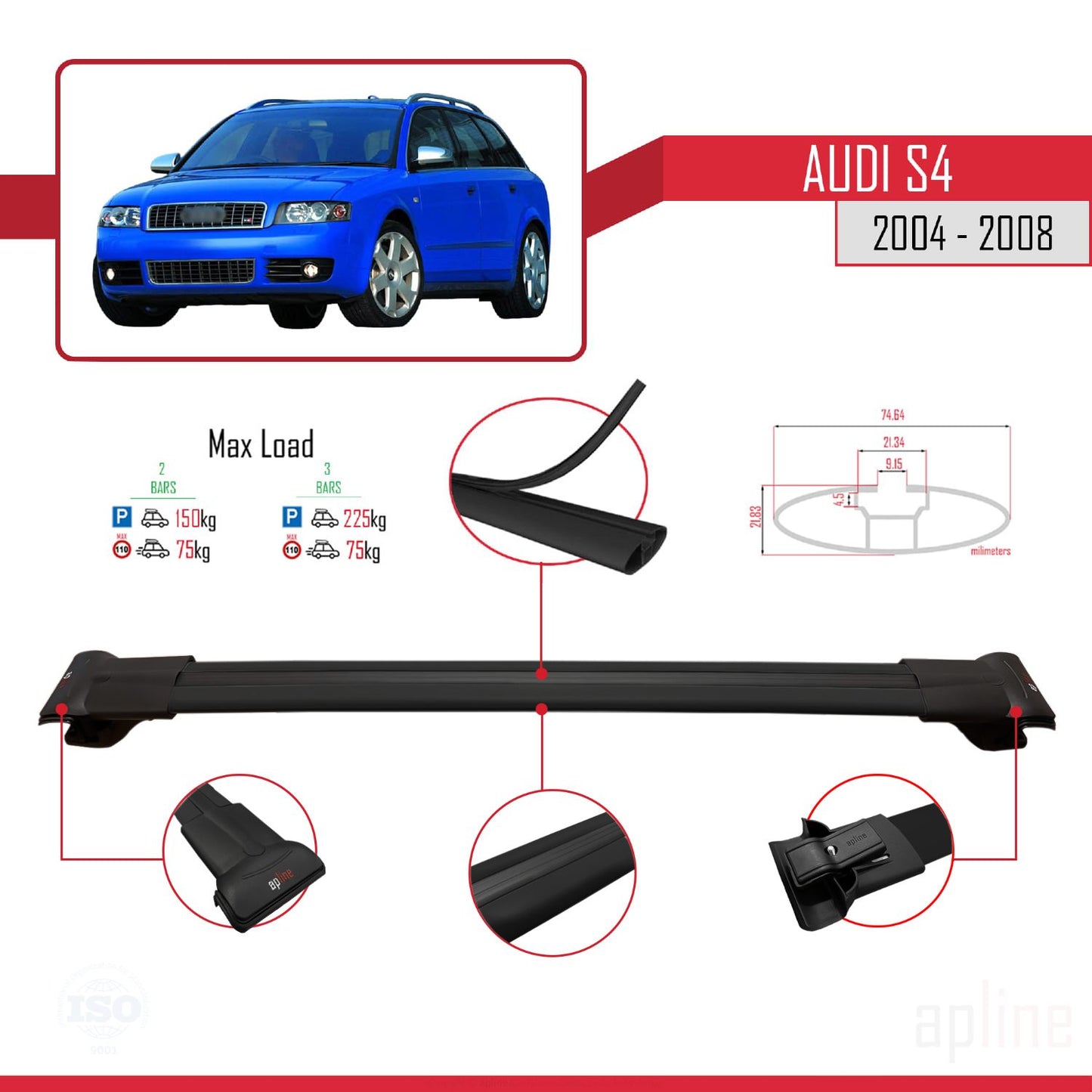 Compatible avec Audi S4 2004-2008 FLY Model Barres de Toit Railing Porte-Bagages de Voiture Noir Aluminium 3 Barres