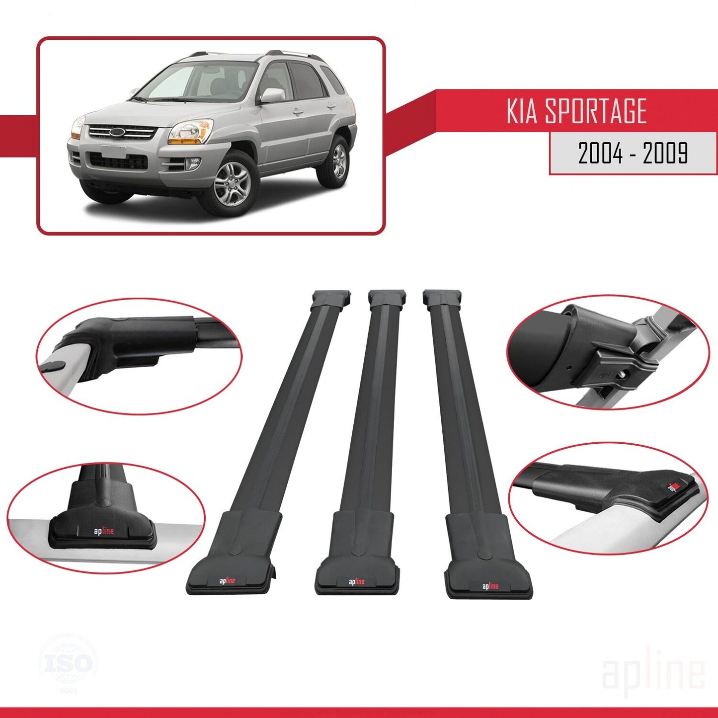 Compatibile con Kia Sportage 2 (JE) 2004-2009 FLY Model Barre Tetto Portapacchi Auto Barre Portatutto Nero Alluminio 3 Barre