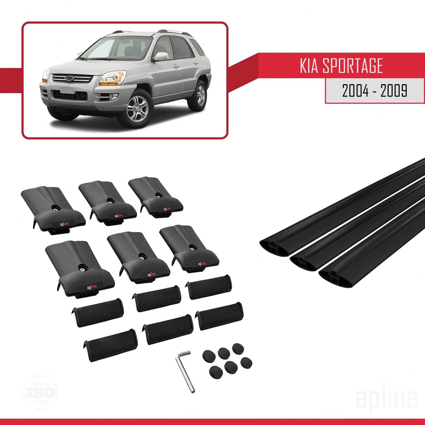 Compatibile con Kia Sportage 2 (JE) 2004-2009 FLY Model Barre Tetto Portapacchi Auto Barre Portatutto Nero Alluminio 3 Barre
