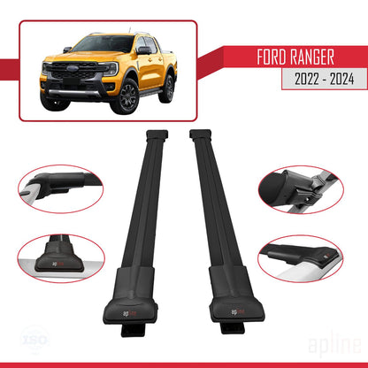 Compatible avec Ford Ranger (P703) 2022-2024 FLY Model Barres de Toit Railing Porte-Bagages de Voiture Noir Aluminium 2 Barres