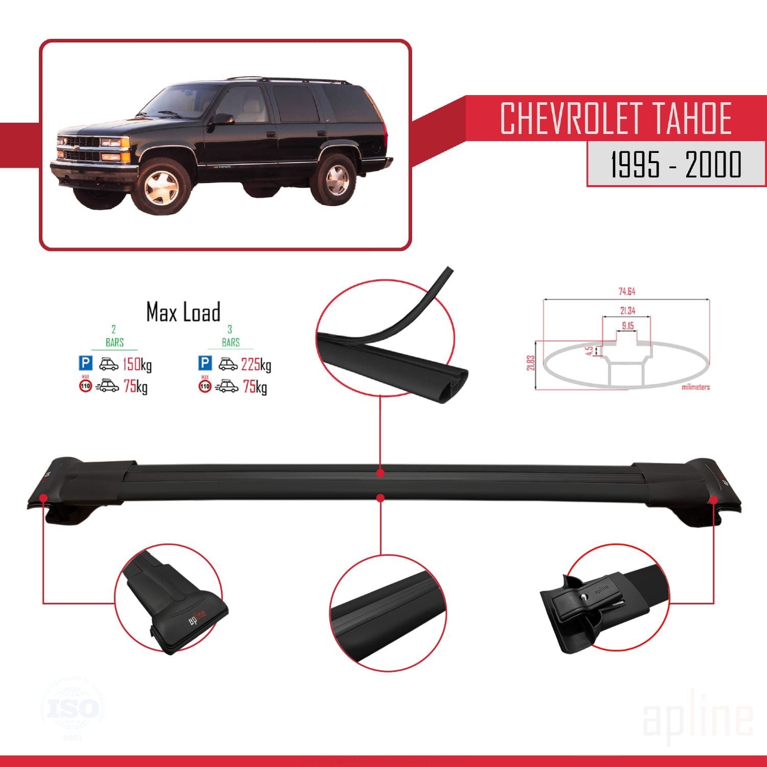 Compatible avec Chevrolet Tahoe 1995-2000 FLY Model Barres de Toit Railing Porte-Bagages de Voiture Noir Aluminium 3 Barres
