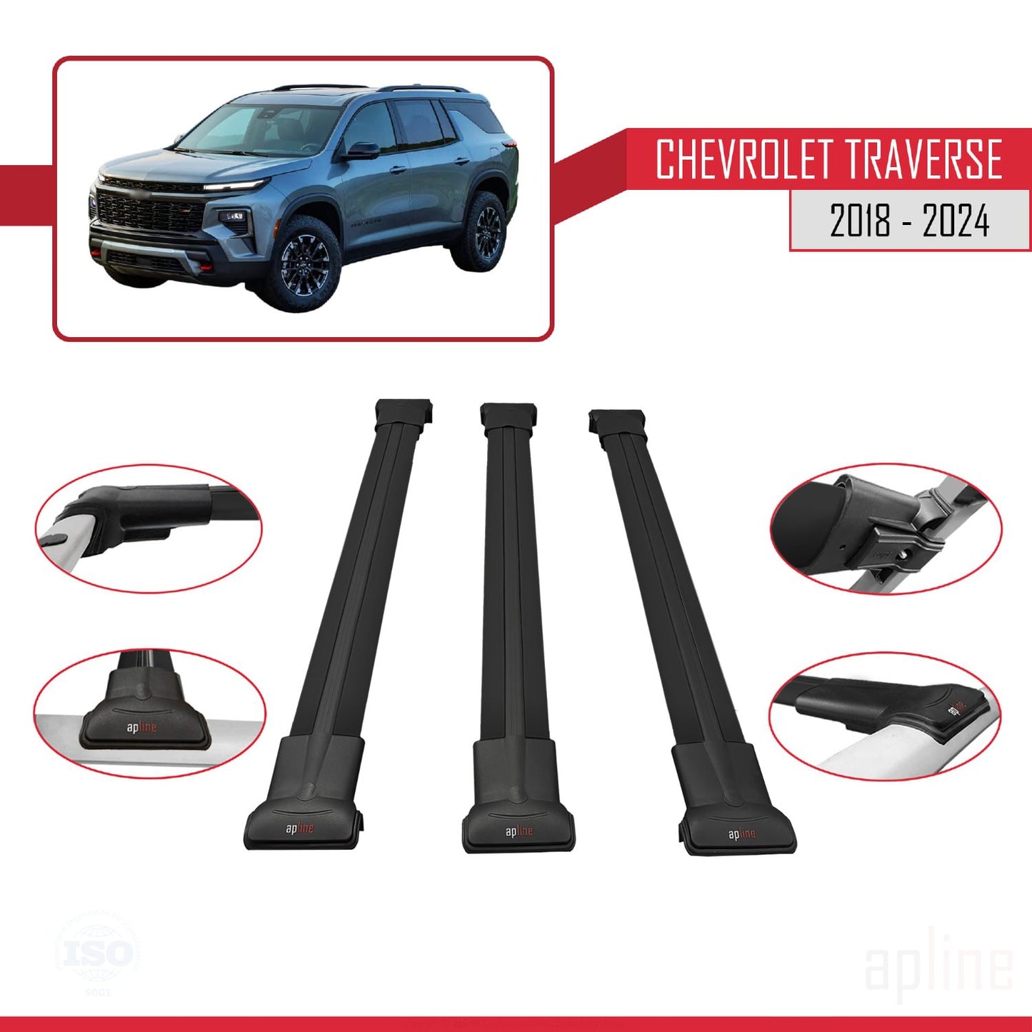 Compatible avec Chevrolet Traverse 2018-2024 FLY Model Barres de Toit Railing Porte-Bagages de Voiture Noir Aluminium 3 Barres