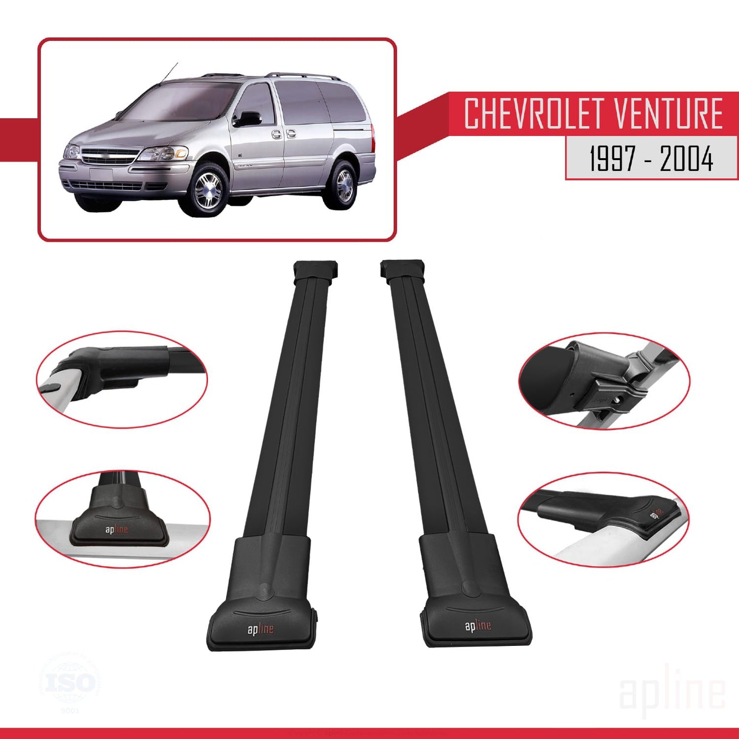 Compatible avec Chevrolet Venture 1997-2004 FLY Model Barres de Toit Railing Porte-Bagages de Voiture Noir Aluminium 2 Barres