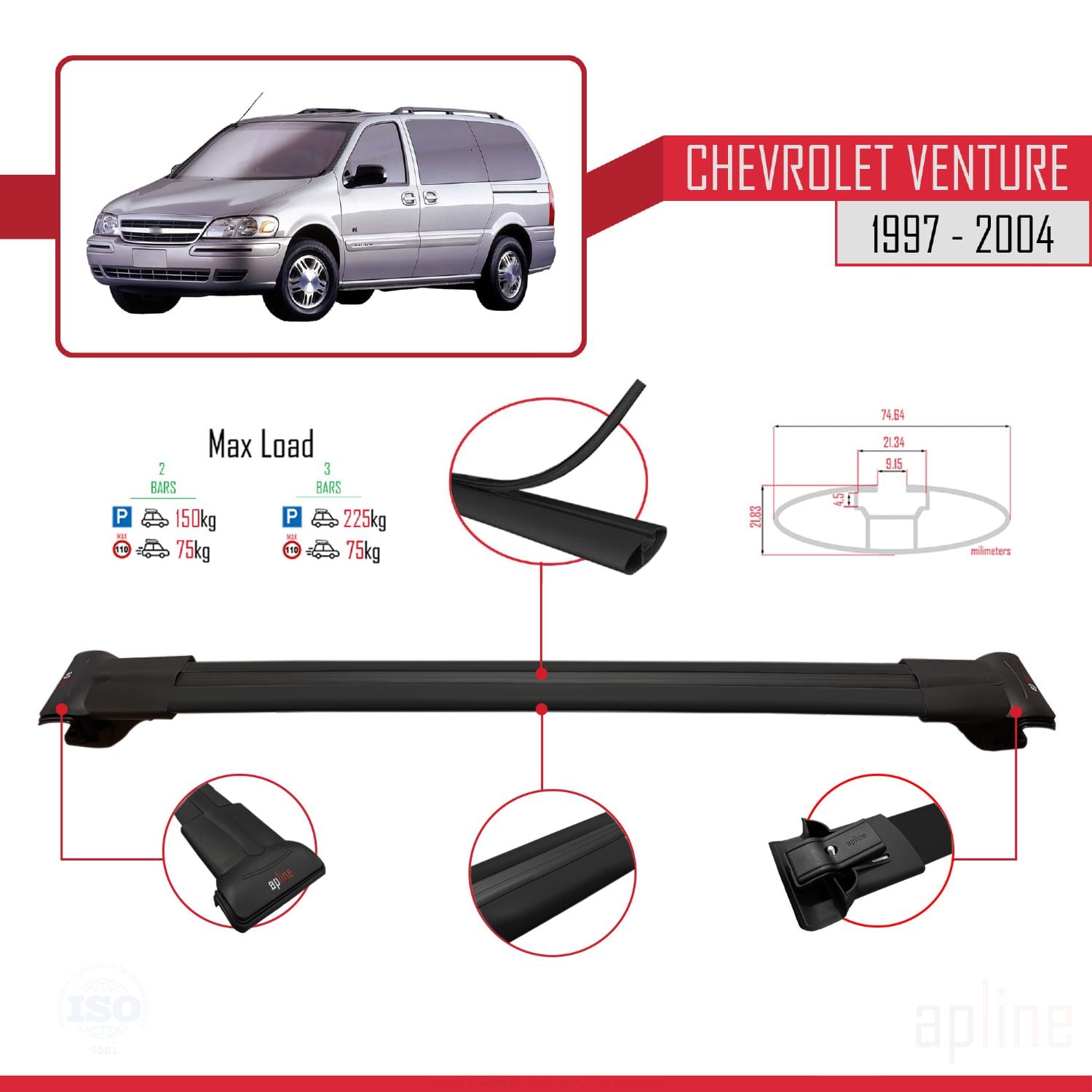 Compatible avec Chevrolet Venture 1997-2004 FLY Model Barres de Toit Railing Porte-Bagages de Voiture Noir Aluminium 2 Barres