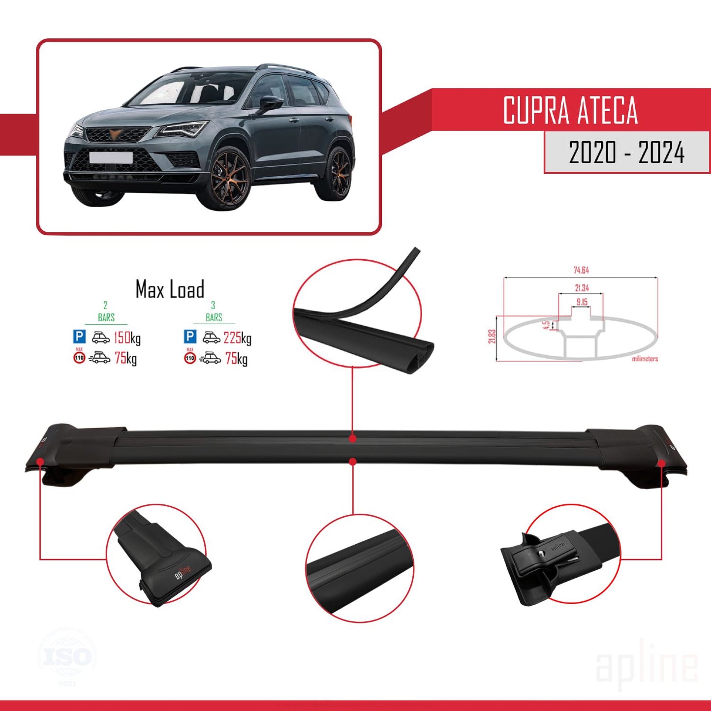 Compatible avec Cupra Ateca 2020-2024 FLY Model Barres de Toit Railing Porte-Bagages de Voiture Noir Aluminium 2 Barres