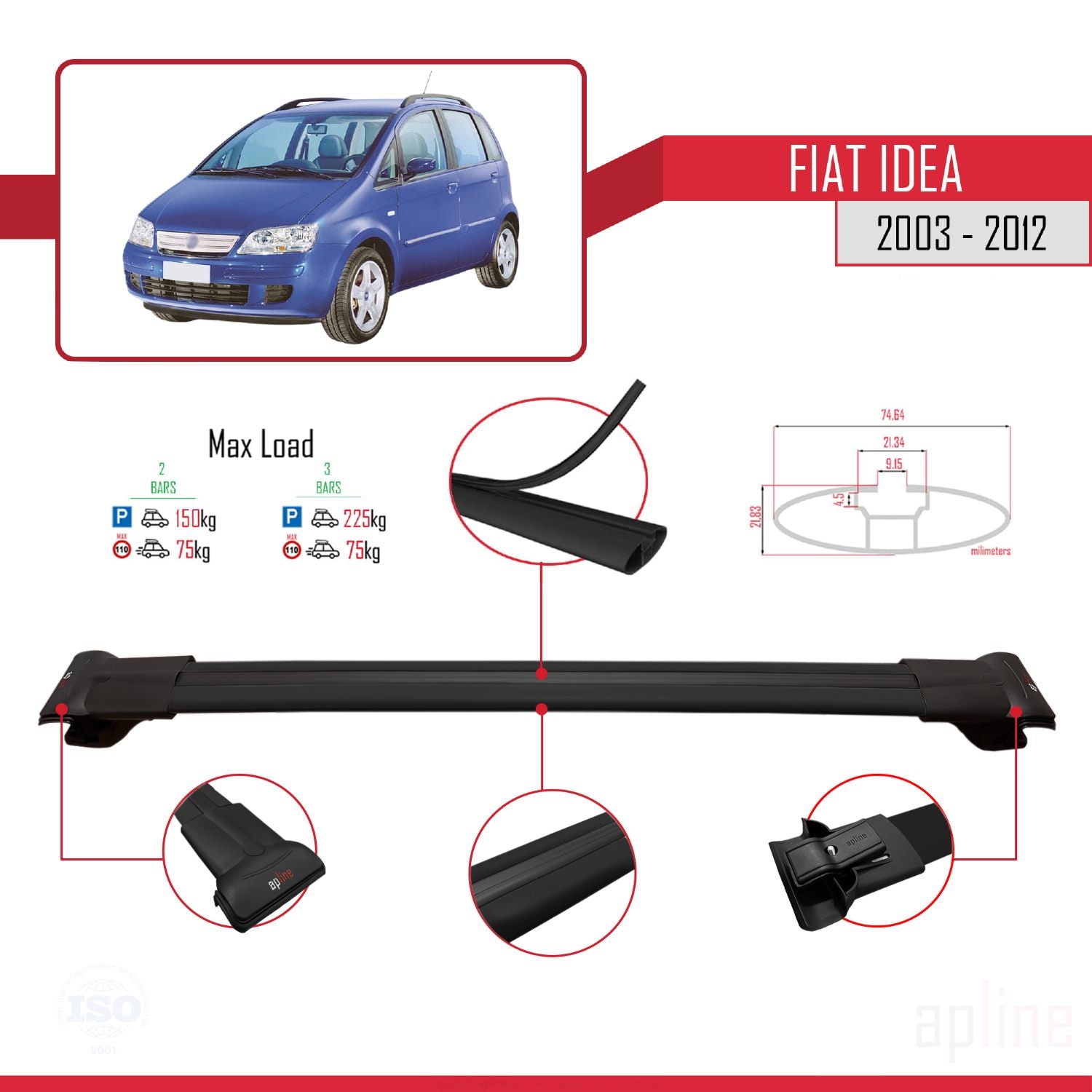 Compatible avec Fiat Idea 2003-2012 FLY Model Barres de Toit Railing Porte-Bagages de Voiture Noir Aluminium 2 Barres