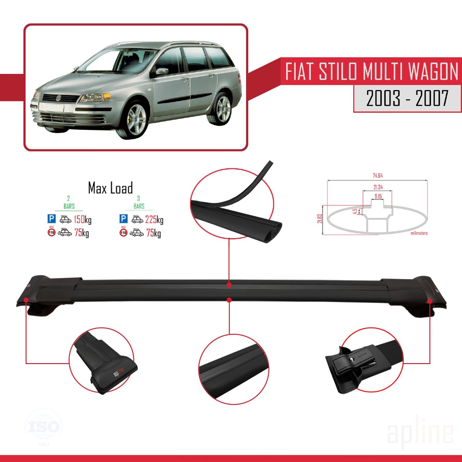 Compatible avec Fiat Stilo Multi Wagon 2003-2007 FLY Model Barres de Toit Railing Porte-Bagages de Voiture Noir Aluminium 2 Barres