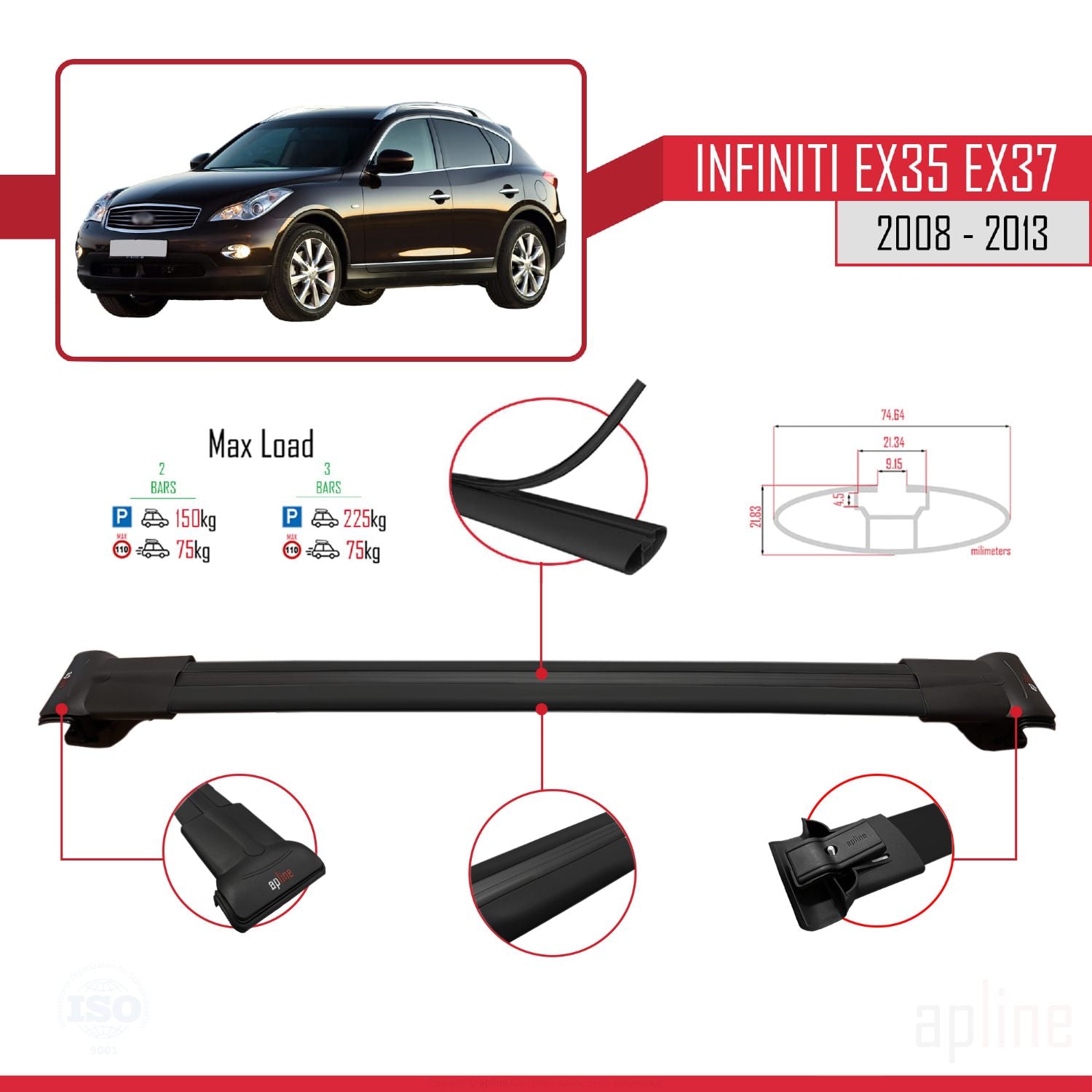 Compatible avec Infiniti EX35 EX37 2008-2013 FLY Model Barres de Toit Railing Porte-Bagages de Voiture Noir Aluminium 3 Barres