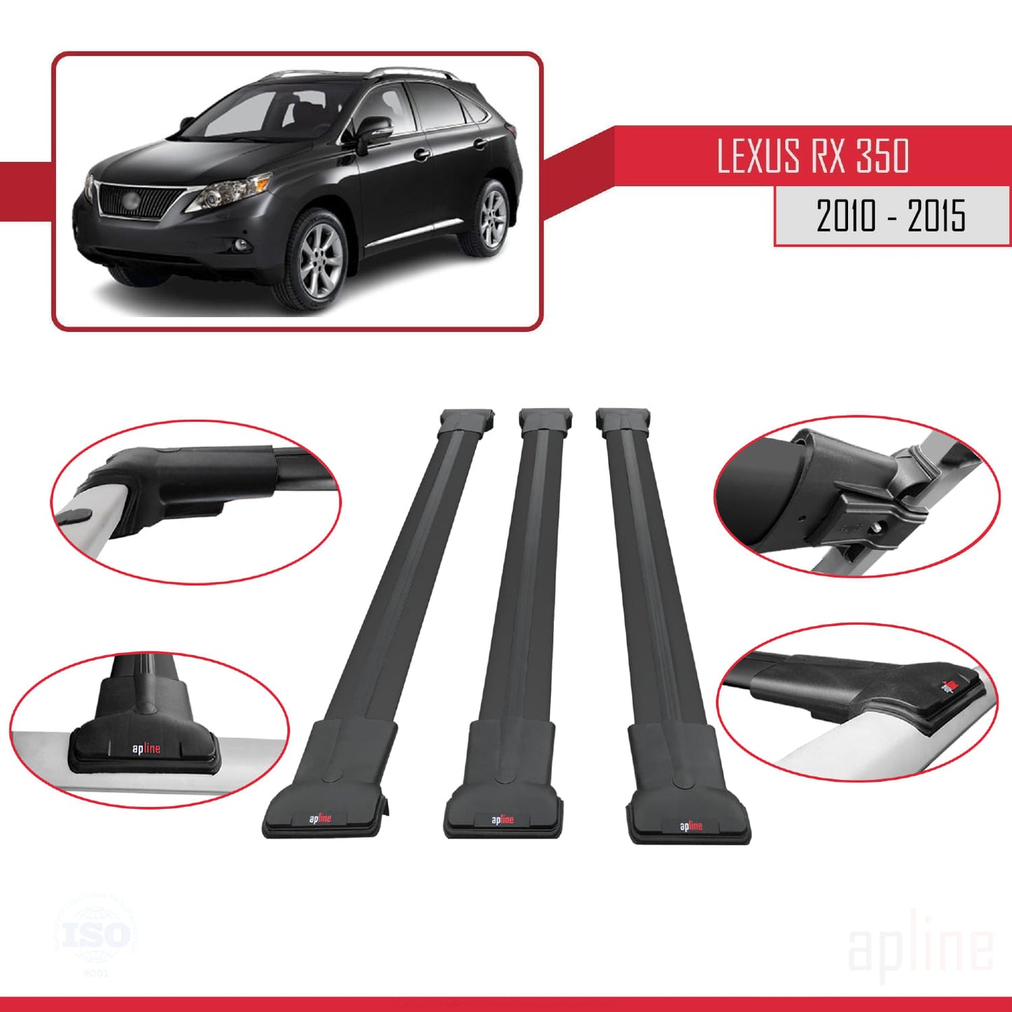 Compatible avec Lexus RX 3 (AL10) 2010-2015 FLY Model Barres de Toit Railing Porte-Bagages de Voiture Noir Aluminium 3 Barres