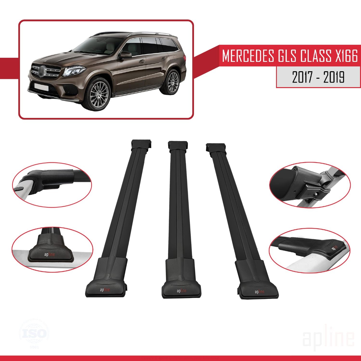 Compatible avec Mercedes GLS Class X166 2017-2019 FLY Model Barres de Toit Railing Porte-Bagages de Voiture Noir Aluminium 3 Barres