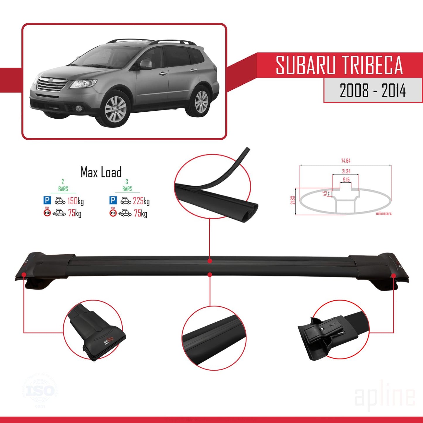 Compatible avec Subaru Tribeca 2008-2014 FLY Model Barres de Toit Railing Porte-Bagages de Voiture Noir Aluminium 2 Barres