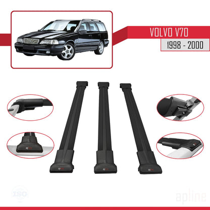 Compatible avec Volvo V70 1998-2000 FLY Model Barres de Toit Railing Porte-Bagages de Voiture Noir Aluminium 3 Barres