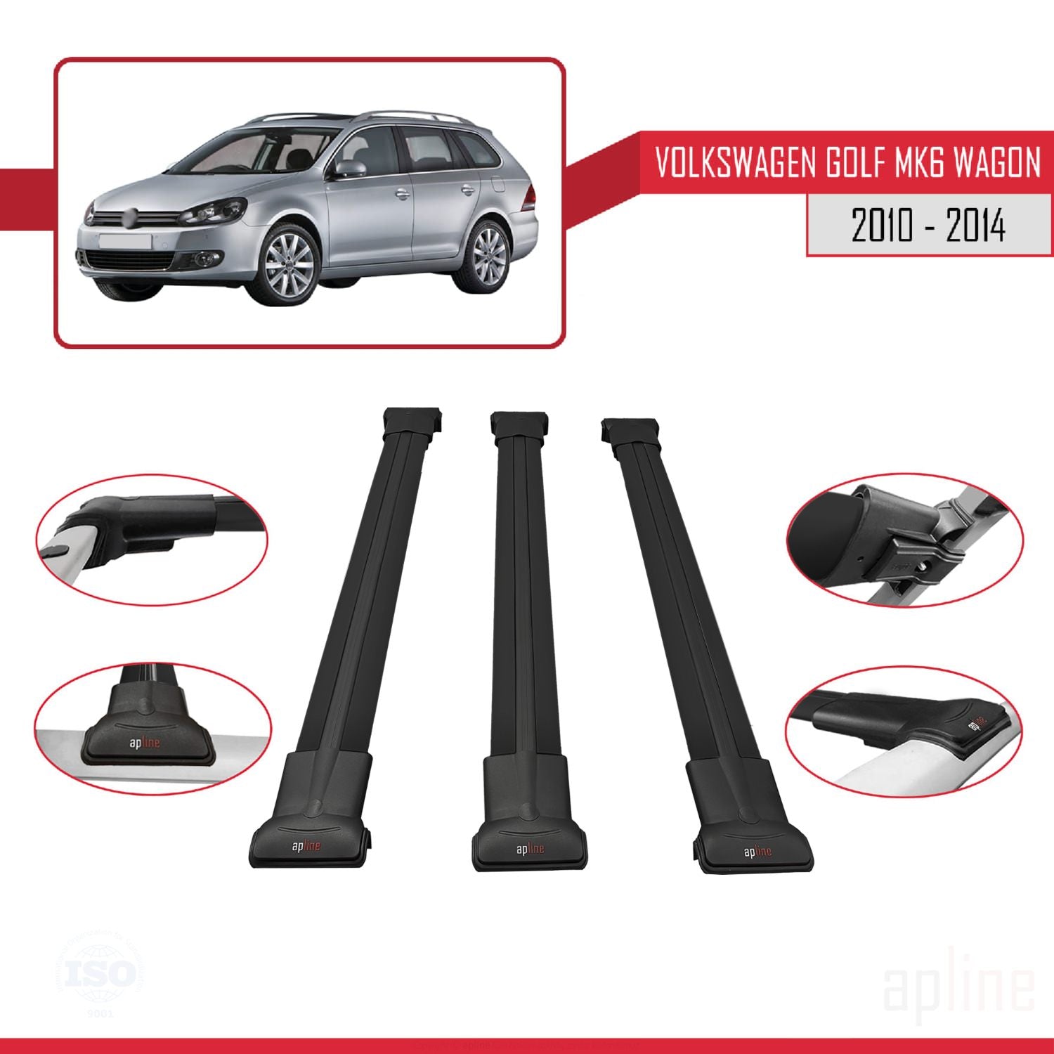 Compatible avec VW Golf Mk6 Wagon 2010-2014 FLY Model Barres de Toit Railing Porte-Bagages de Voiture Noir Aluminium 3 Barres