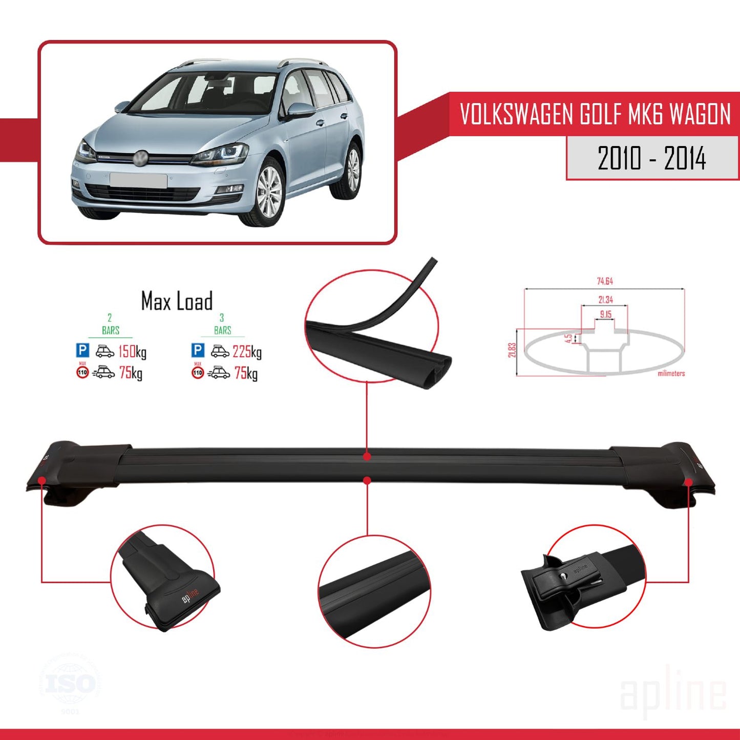 Compatible avec VW Golf Mk6 Wagon 2010-2014 FLY Model Barres de Toit Railing Porte-Bagages de Voiture Noir Aluminium 2 Barres