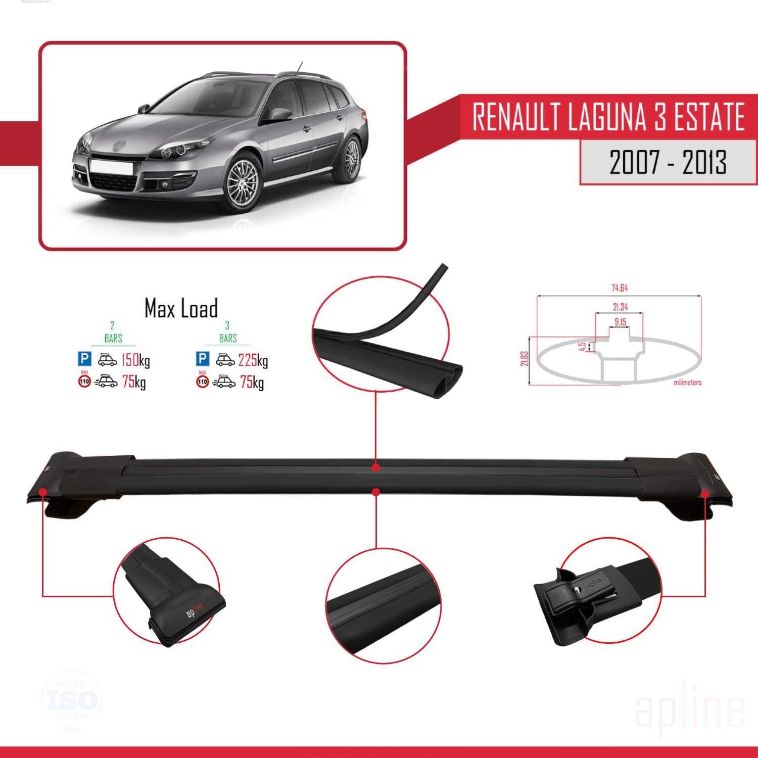 Compatible avec Renault Laguna 3 Estate 2007-2013 FLY Model Barres de Toit Railing Porte-Bagages de Voiture Noir Aluminium 3 Barres