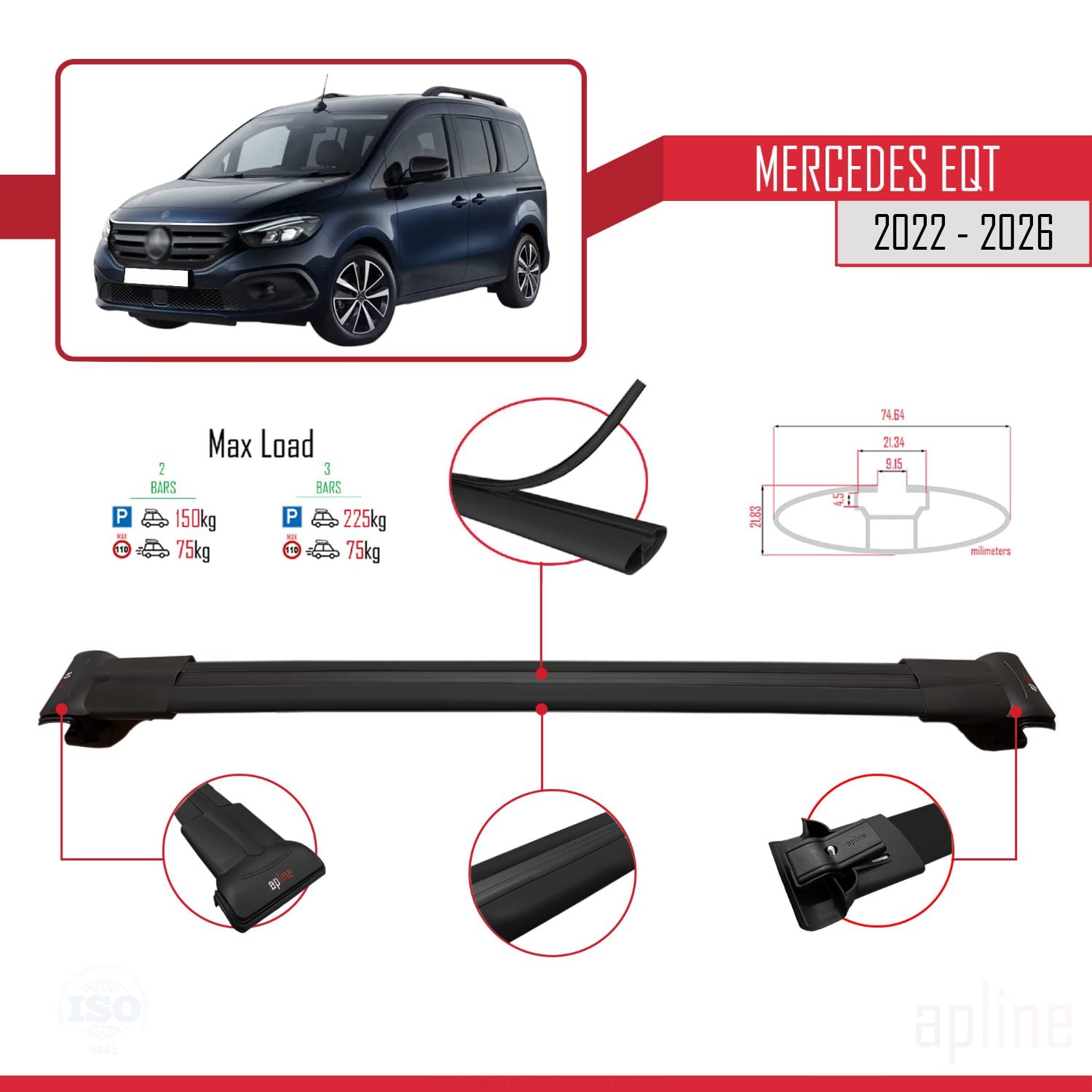 Compatible avec Mercedes EQT / Citan W420 2022-2025 FLY Model Barres de Toit Railing Porte-Bagages de Voiture Noir Aluminium 2 Barres