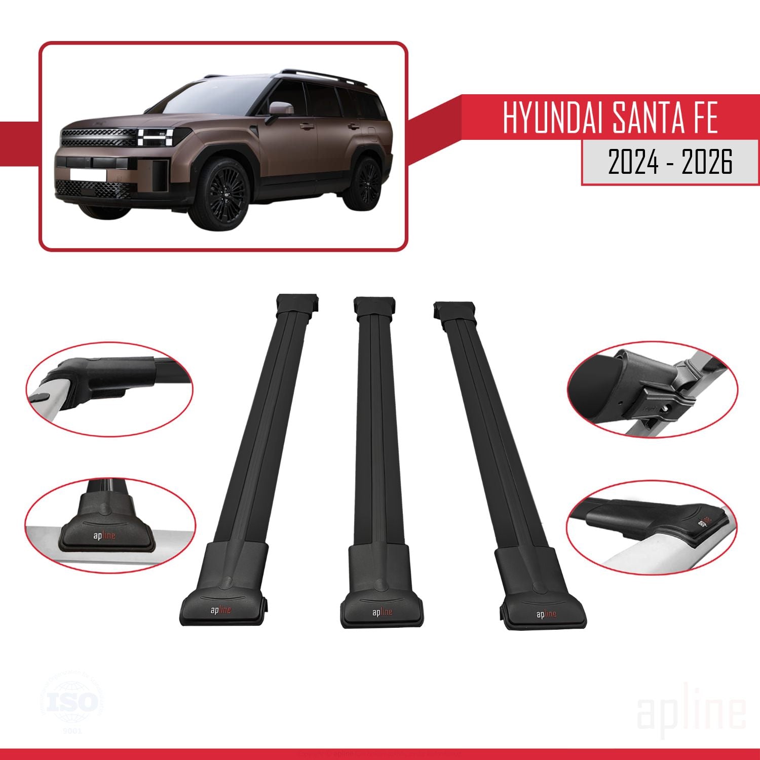 Compatible avec Hyundai Santa Fe 2024-2025 FLY Model Barres de Toit Railing Porte-Bagages de Voiture Noir Aluminium 3 Barres