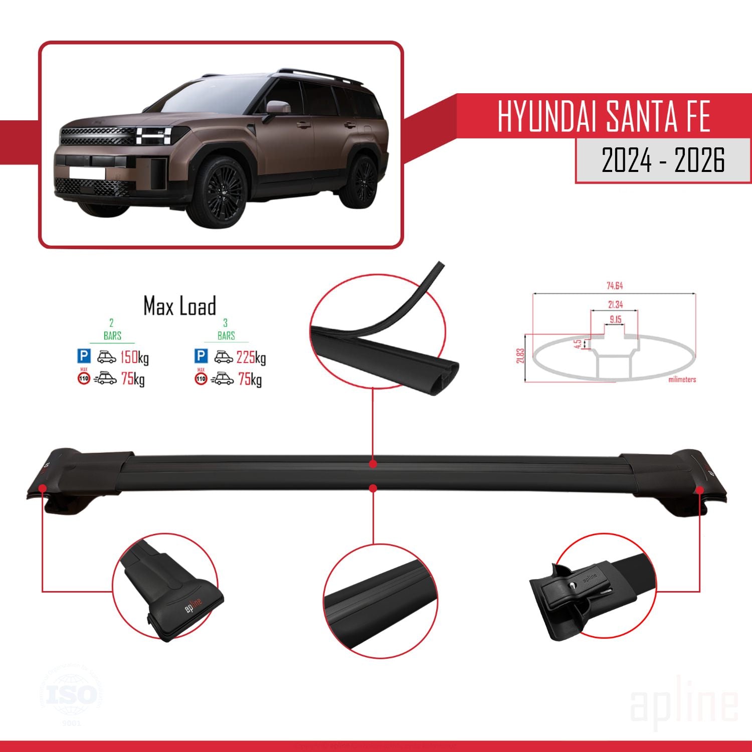 Compatible avec Hyundai Santa Fe 2024-2025 FLY Model Barres de Toit Railing Porte-Bagages de Voiture Noir Aluminium 2 Barres