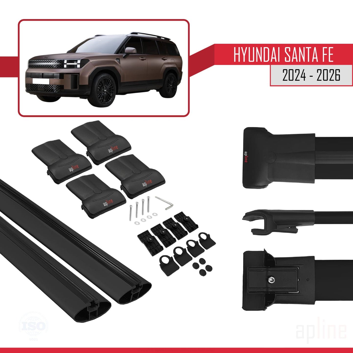 Compatible avec Hyundai Santa Fe 2024-2025 FLY Model Barres de Toit Railing Porte-Bagages de Voiture Noir Aluminium 2 Barres