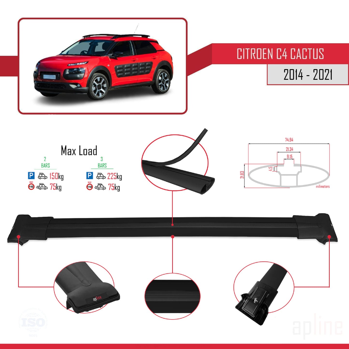 Compatibile con Citroen C4 Cactus 2014-2021 modello FLY Barre portatutto per auto Portapacchi in alluminio nero 2 barre