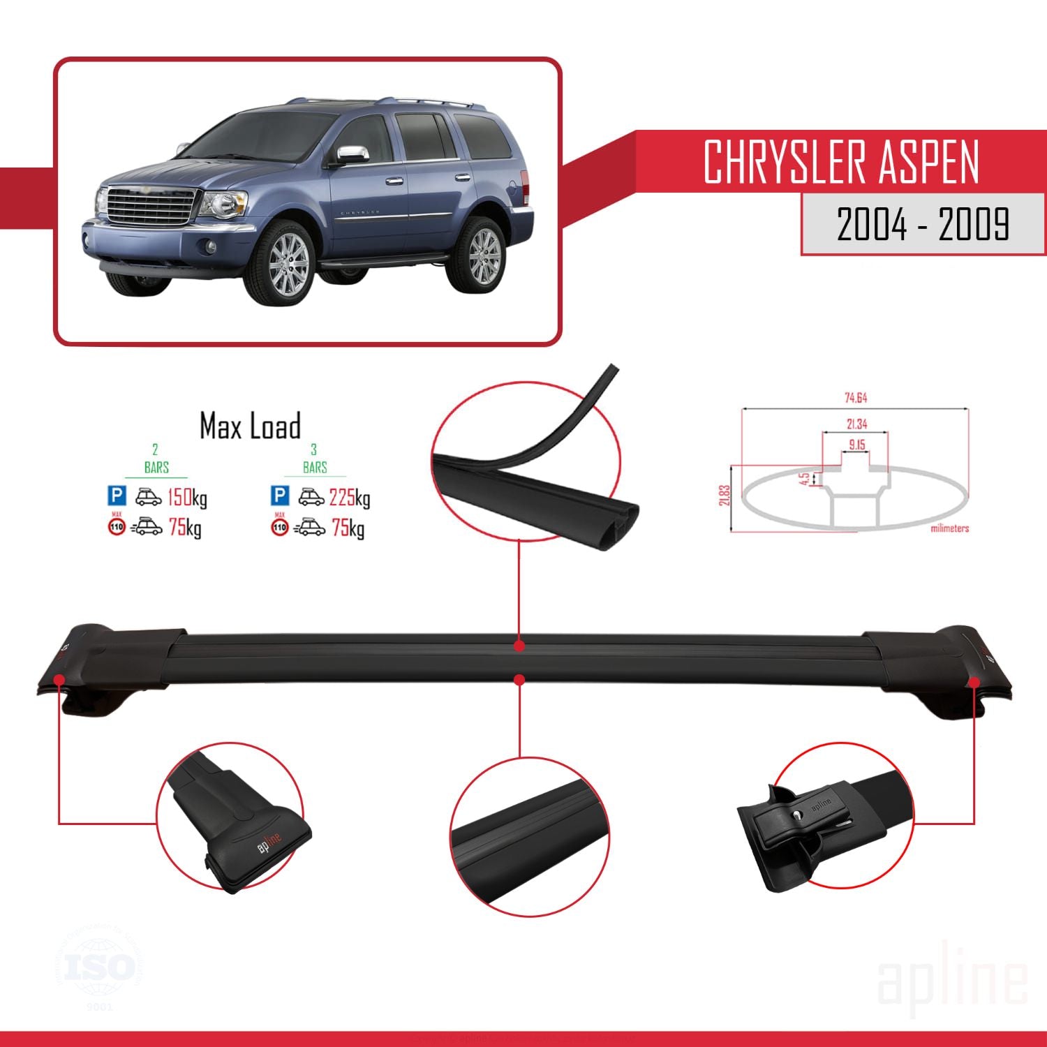Compatible avec Chrysler Aspen 2004-2009 FLY Model Barres de Toit Railing Porte-Bagages de Voiture Noir Aluminium 3 Barres