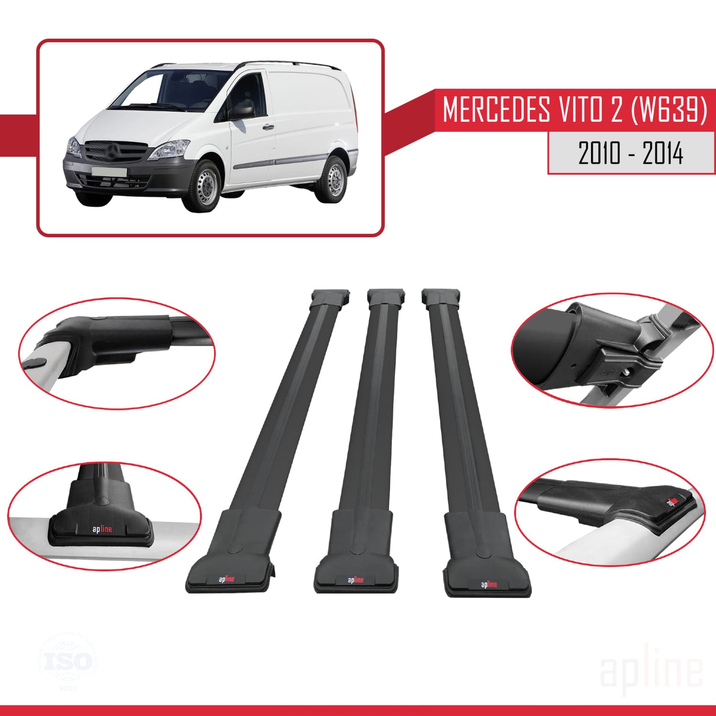 Compatible with Mercedes Vito 2 (W639) Post-Facelift 2010-2014 FLY Model Car Roof Rack Cross Bar Black Aluminium 3 Bars