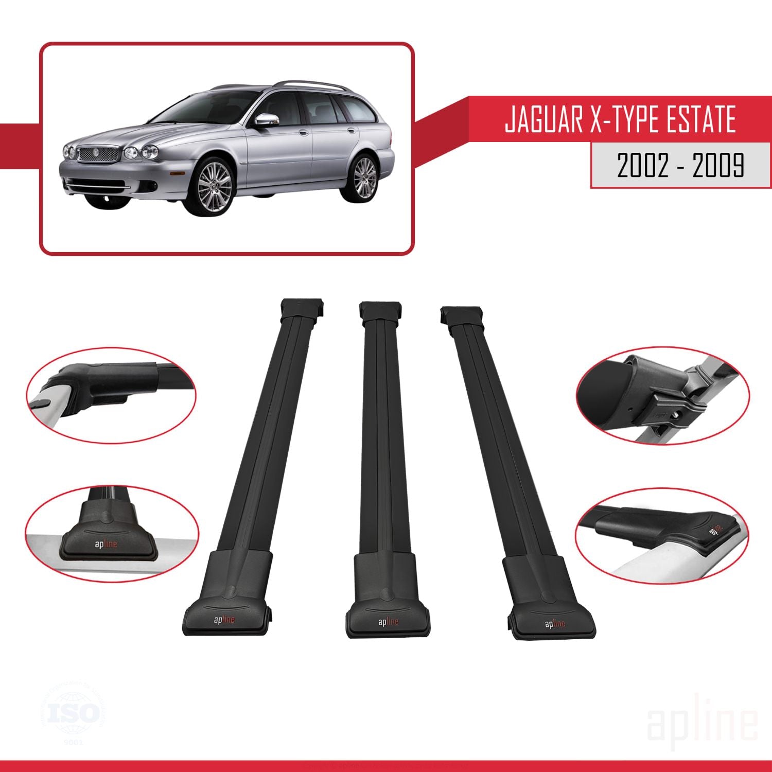 Compatible avec Jaguar X-Type Estate 2002-2009 FLY Model Barres de Toit Railing Porte-Bagages de Voiture Noir Aluminium 3 Barres