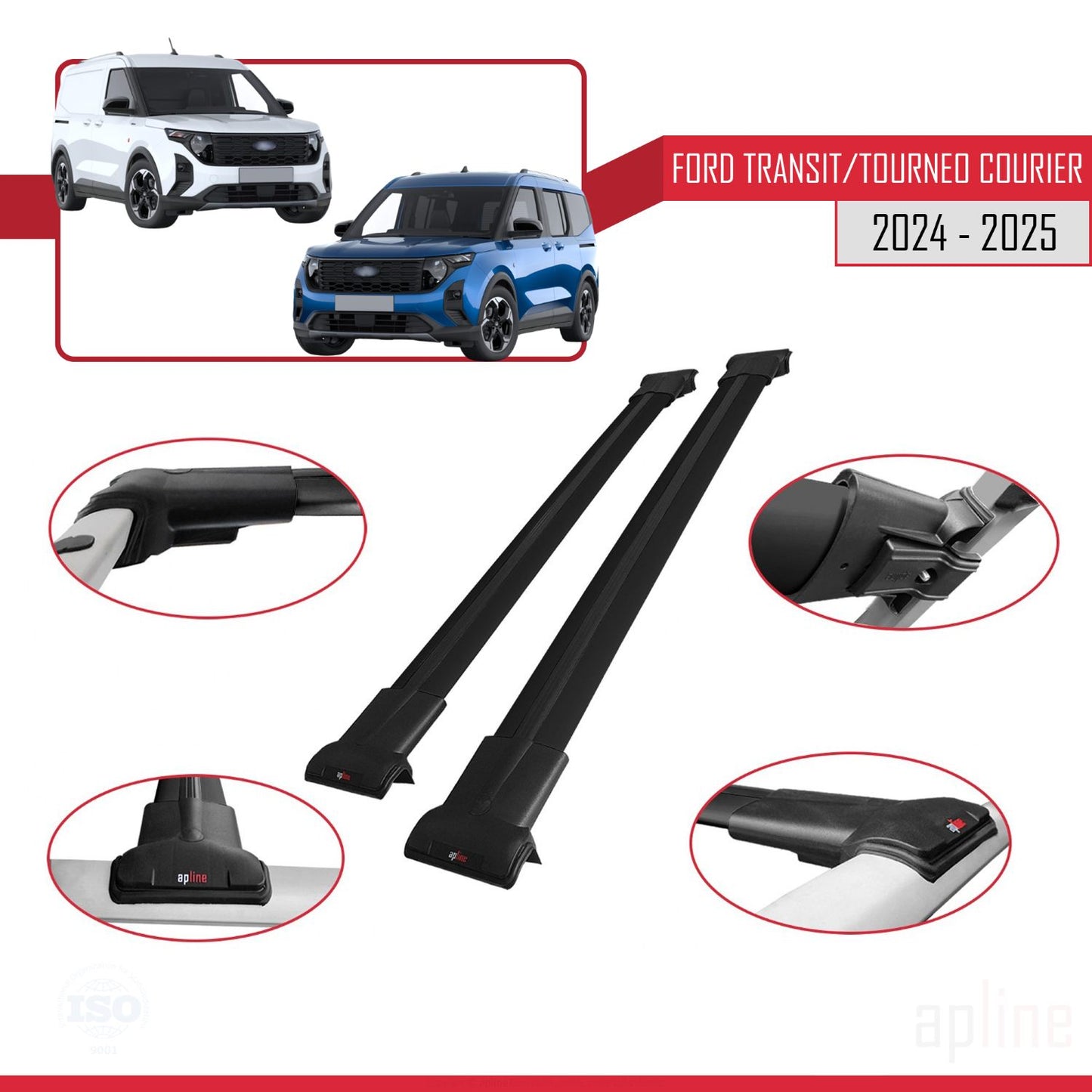 Compatibile con Ford Transit/Tourneo Courier 2024-2025 modello FLY Barre portatutto per auto Portapacchi in alluminio nero 4 barre