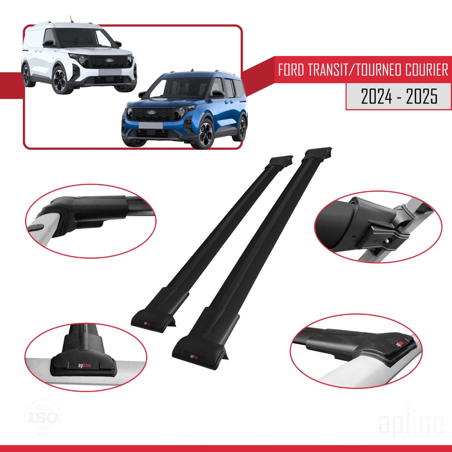 Compatibile con Ford Transit/Tourneo Courier 2024-2025 modello FLY Barre portatutto per auto Portapacchi in alluminio nero 2 barre