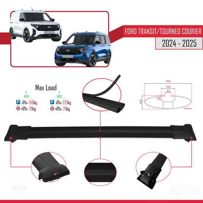 Compatibile con Ford Transit/Tourneo Courier 2024-2025 modello FLY Barre portatutto per auto Portapacchi in alluminio nero 2 barre