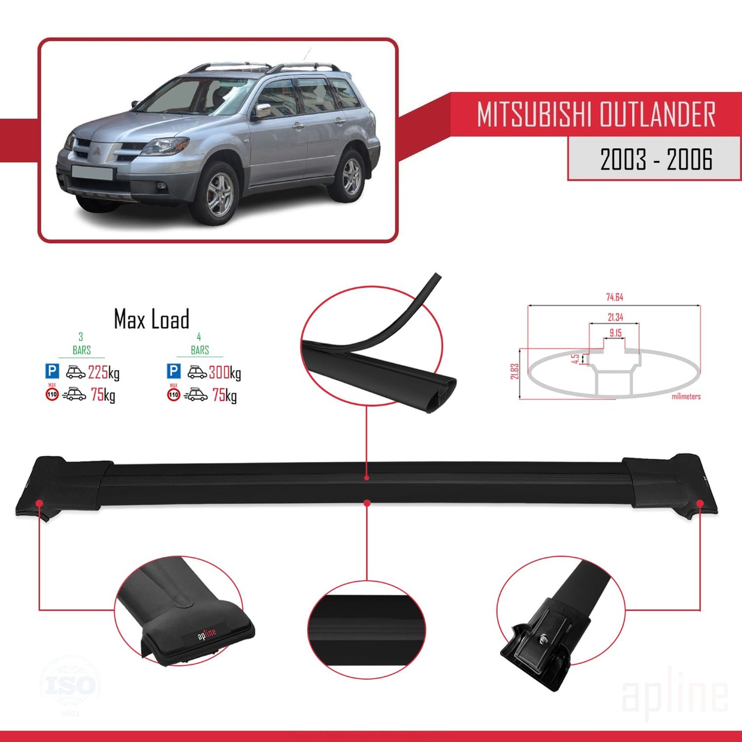 Compatible with Mitsubishi Outlander 2003-2006 FLY Model Car Roof Rack Cross Bar Black Aluminium 3 Bars