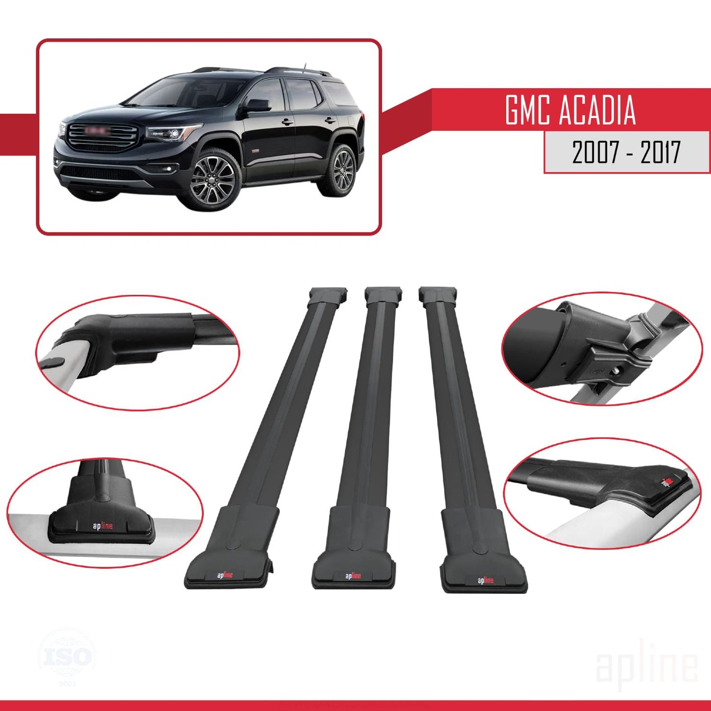 Compatibile con GMC Acadia 2007-2017 modello FLY Barre portatutto per auto in alluminio nero 3 barre