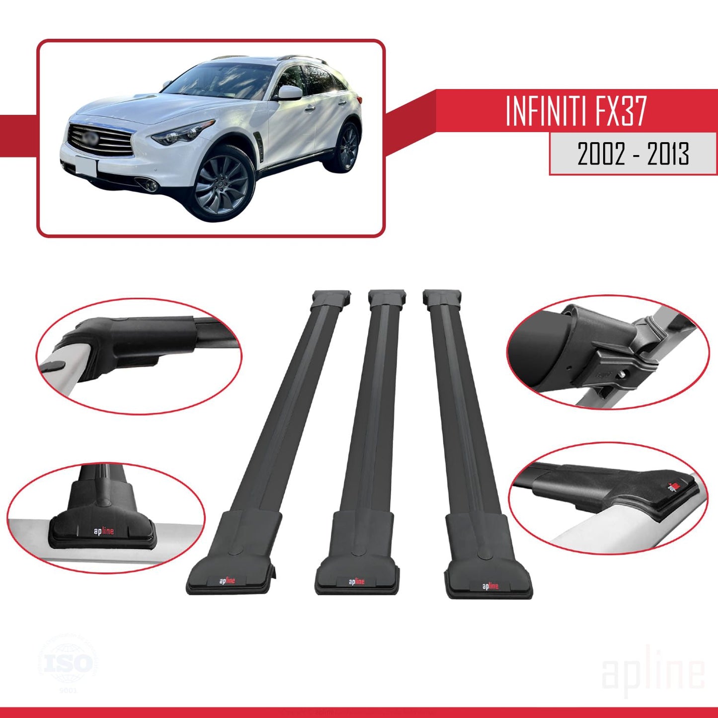 Compatible avec Infiniti FX37 2002-2013 FLY Model Barres de Toit Railing Porte-Bagages de Voiture Noir Aluminium 3 Barres