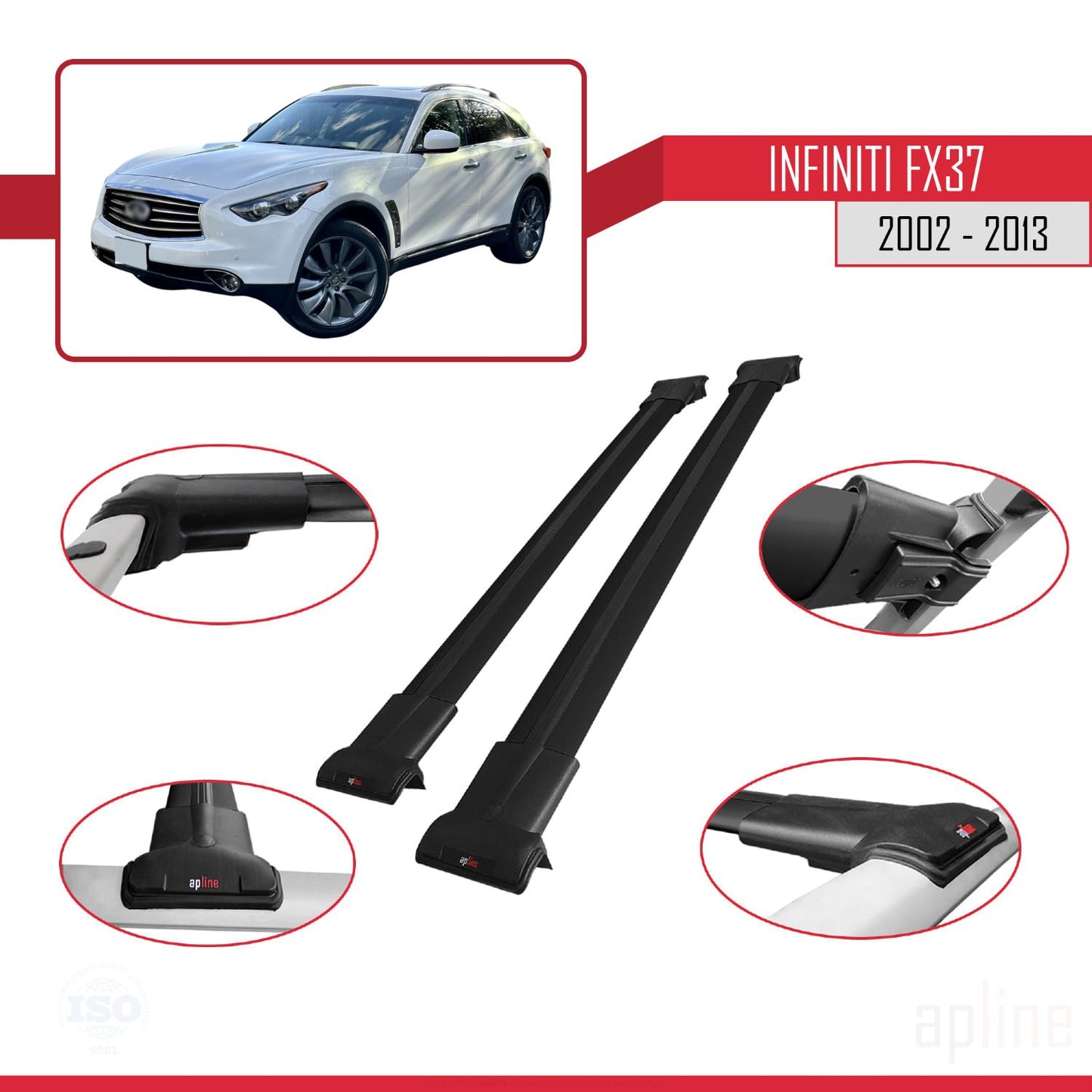 Compatible avec Infiniti FX37 2002-2013 FLY Model Barres de Toit Railing Porte-Bagages de Voiture Noir Aluminium 2 Barres