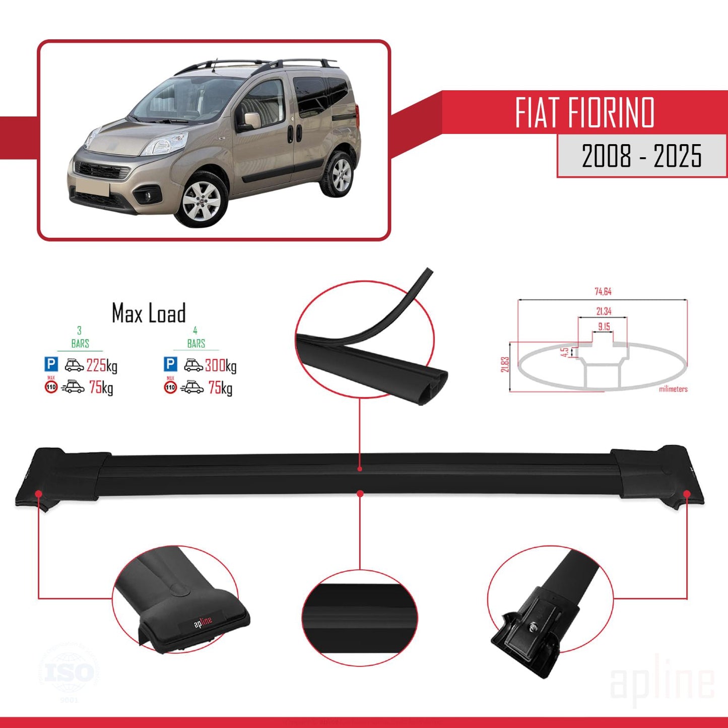 Compatibile con Fiat Fiorino (Modello Tubolare) 2008-2025 Modello FLY Barre Portatutto Railing Portapacchi Auto Alluminio Nero 3 Barre