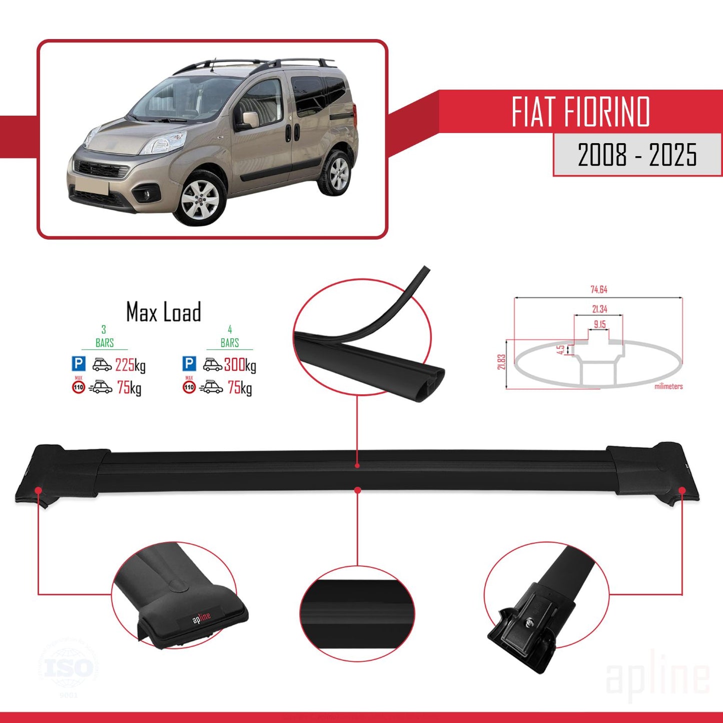 Compatibile con Fiat Fiorino (Modello Tubolare) 2008-2025 Modello FLY Barre Portatutto Portapacchi Auto Alluminio Nero 4 Barre