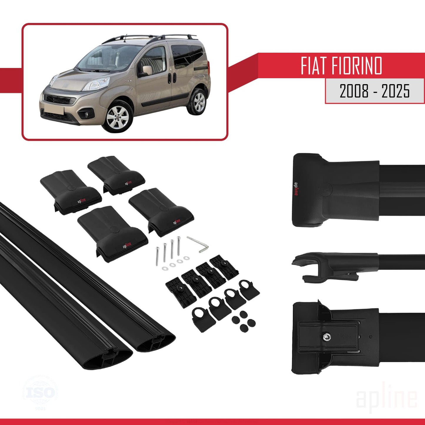Compatibile con Fiat Fiorino (Modello Tubolare) Modello FLY Barre Portatutto Railing Portapacchi Auto Alluminio Nero 2 Barre