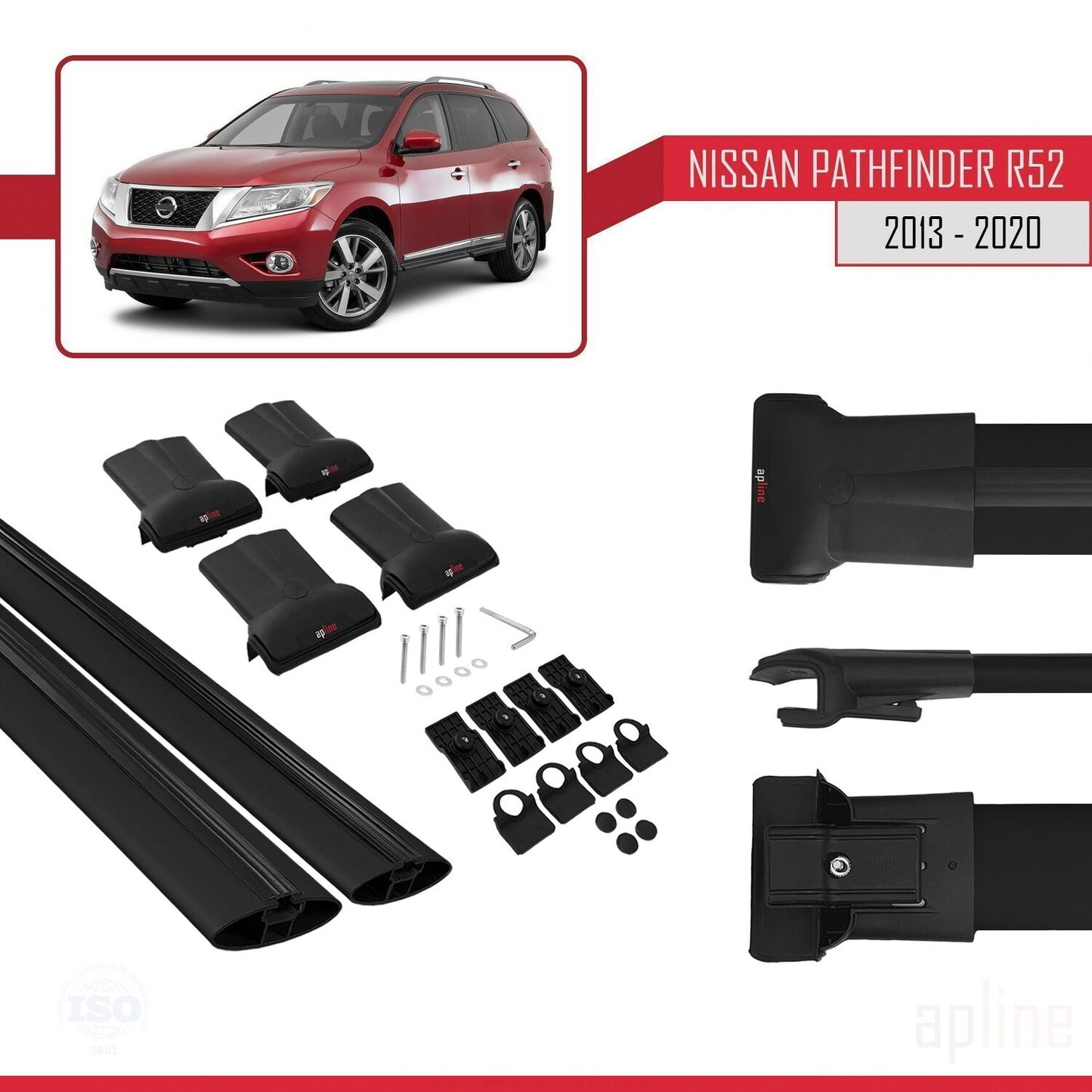 Compatible with Nissan Pathfinder 4 (R52) 2013-2020 FLY Model Car Roof Rack Cross Bar Black Aluminium 2 Bars