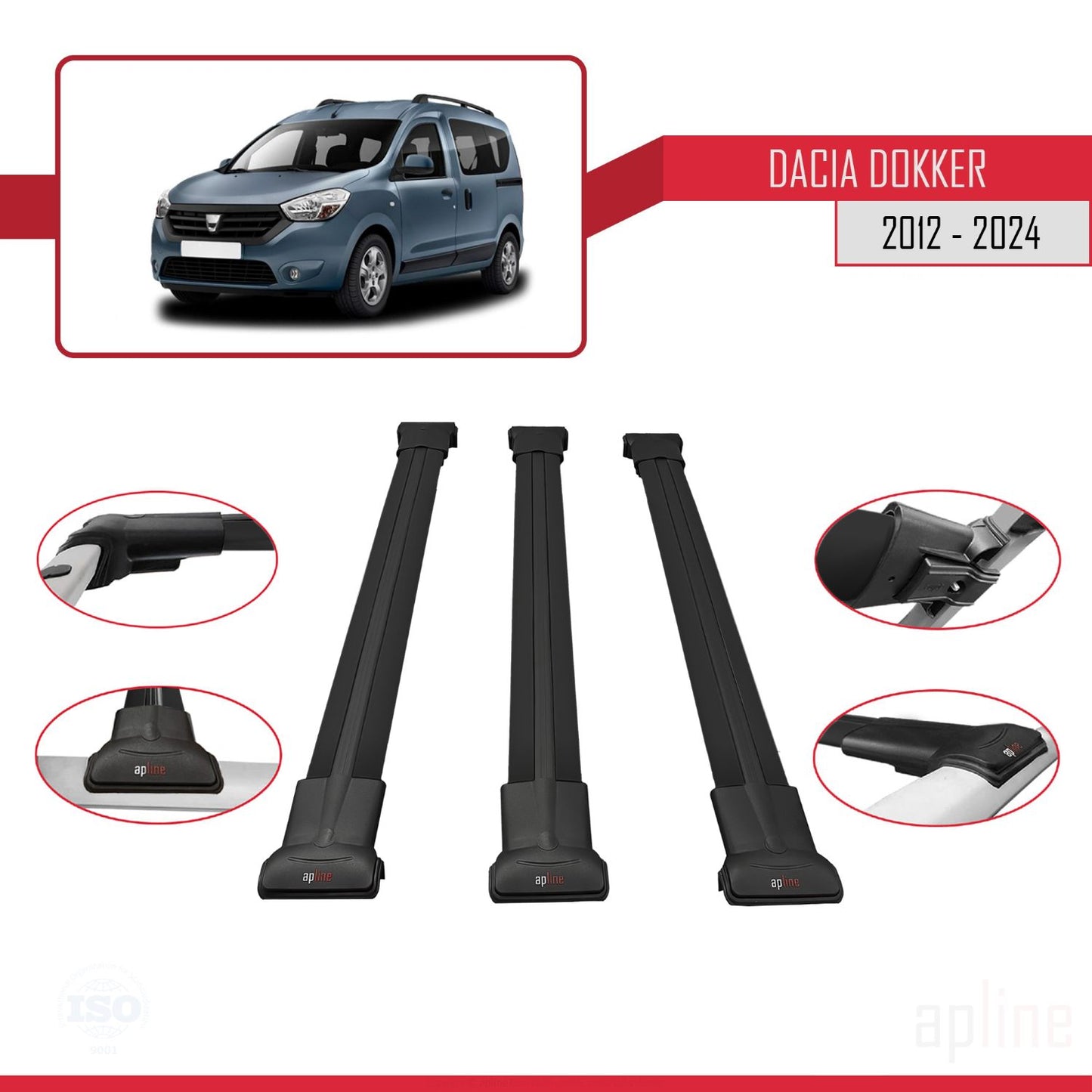 Compatible avec Dacia Dokker (K67) 2012-2024 V2 FLY Model Barres de Toit Railing Porte-Bagages de Voiture Noir Aluminium 3 Barres