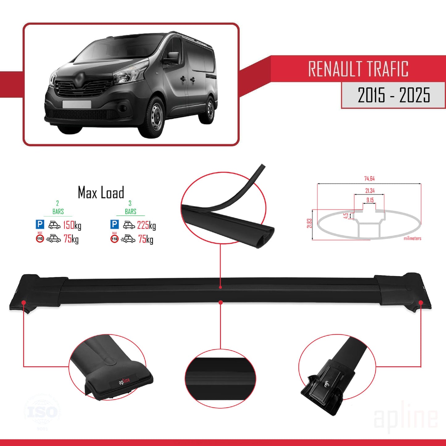 Compatible avec Renault Trafic 3 (X82) 2015-2025 FLY Model Barres de Toit Railing Porte-Bagages de Voiture Noir Aluminium 2 Barres