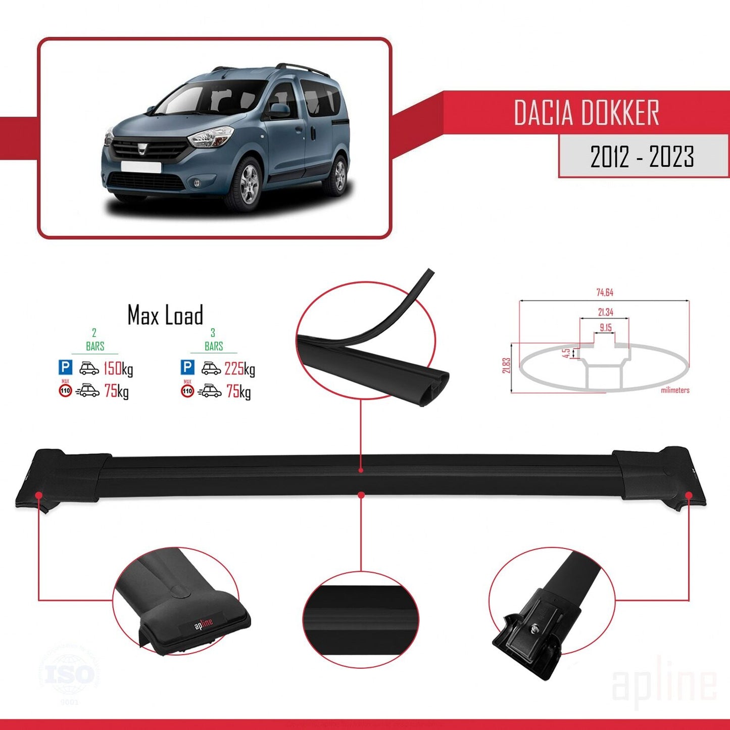Compatibile con Dacia Dokker 2012-2023 FLY Barre portatutto modello Railing Portapacchi per auto NERO