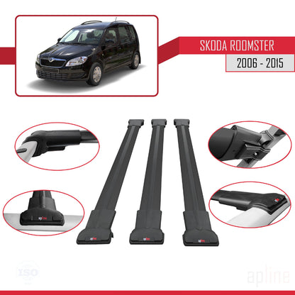 Compatible avec Skoda Roomster 2006-2015 FLY Model Barres de Toit Railing Porte-Bagages de Voiture Noir Aluminium 3 Barres