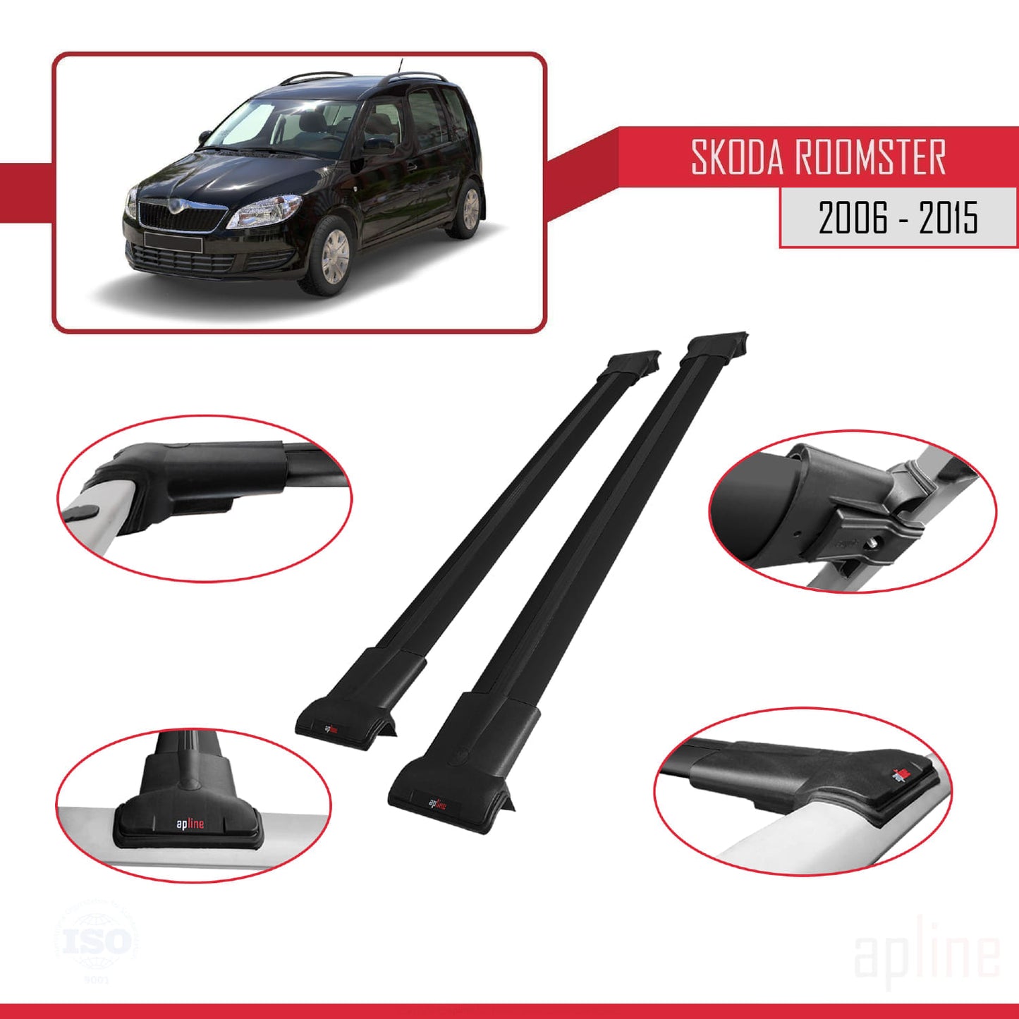 Compatible avec Skoda Roomster 2006-2015 FLY Model Barres de Toit Railing Porte-Bagages de Voiture Noir Aluminium 2 Barres
