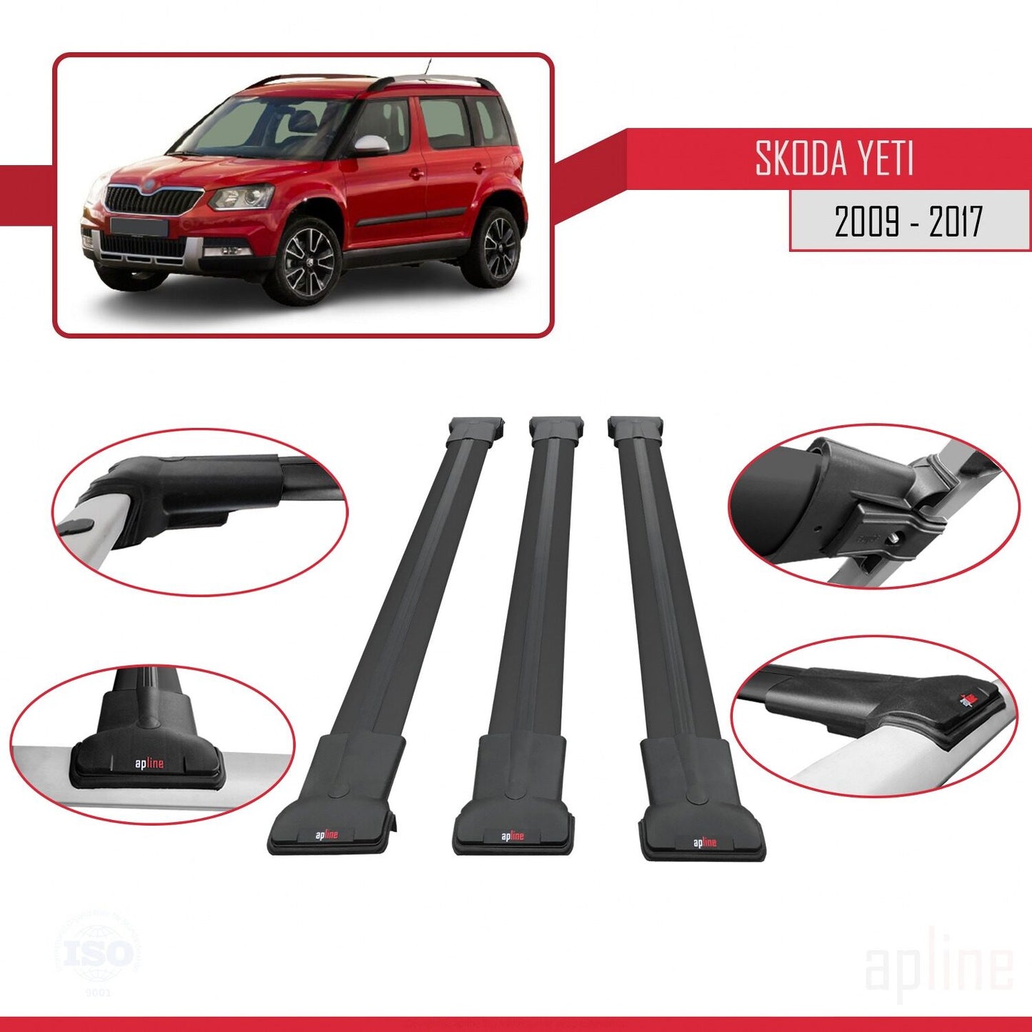 Compatible avec Skoda Yeti 2009-2017 FLY Model Barres de Toit Railing Porte-Bagages de Voiture Noir Aluminium 3 Barres